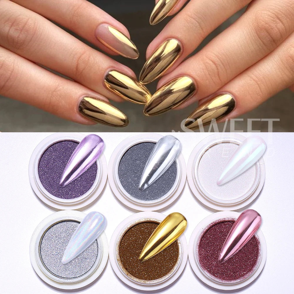 6pcs/set Mirror Silvery Chrome Nail Powder