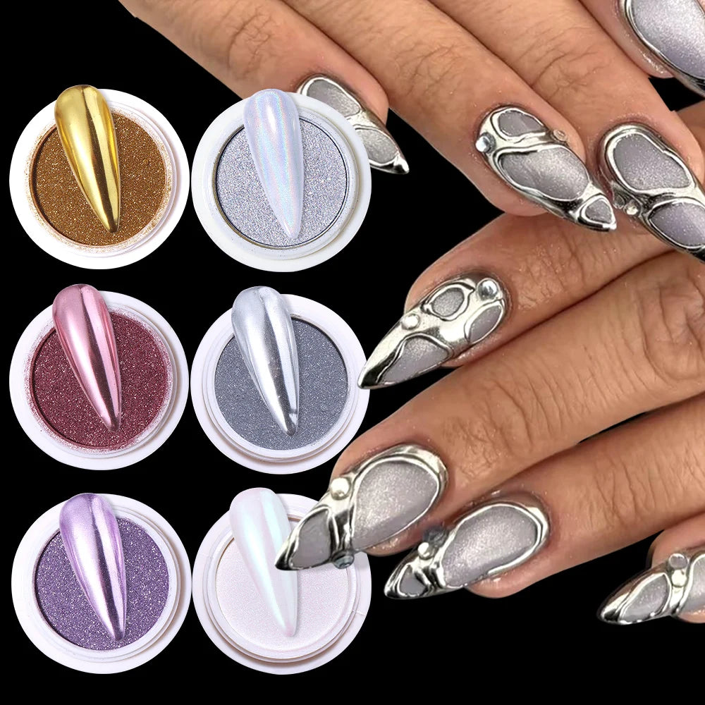 6pcs/set Mirror Silvery Chrome Nail Powder