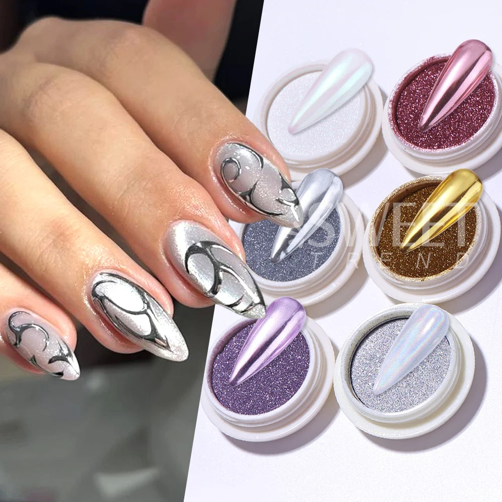 6pcs/set Mirror Silvery Chrome Nail Powder