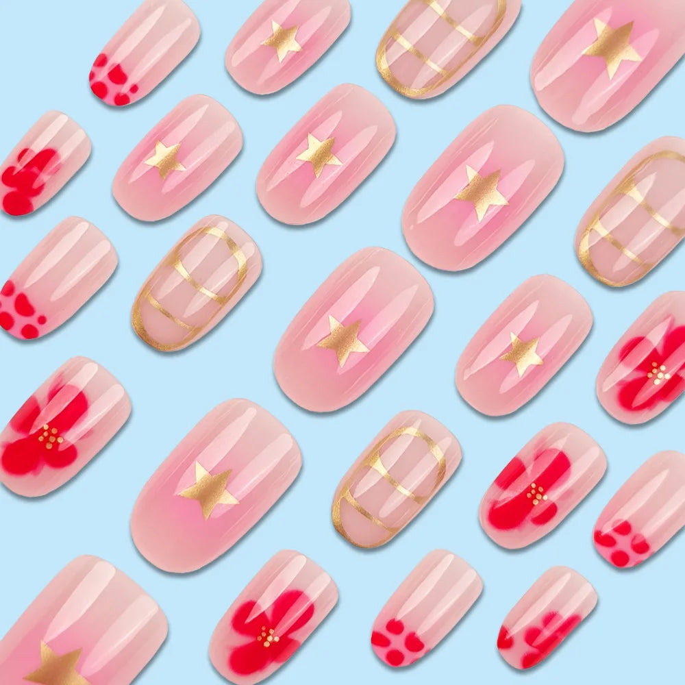 24 Pcs Nail Tips Short Round Flower Decoration for Nails