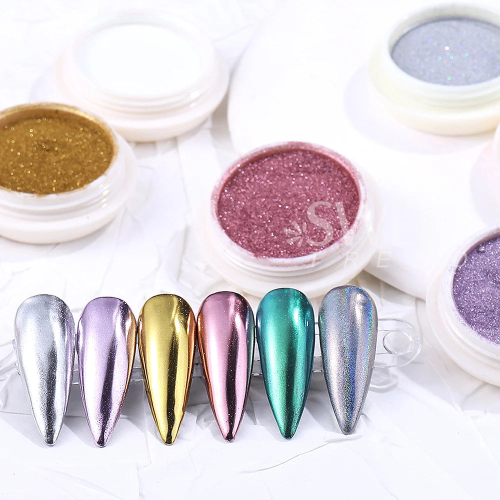 6pcs/set Mirror Silvery Chrome Nail Powder