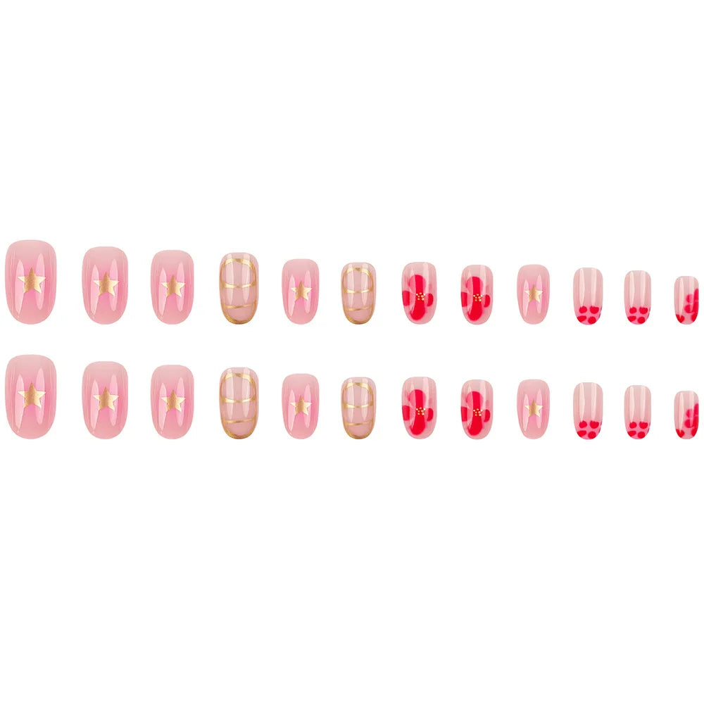 24 Pcs Nail Tips Short Round Flower Decoration for Nails