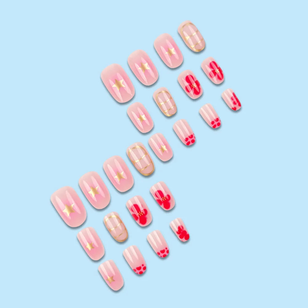 24 Pcs Nail Tips Short Round Flower Decoration for Nails