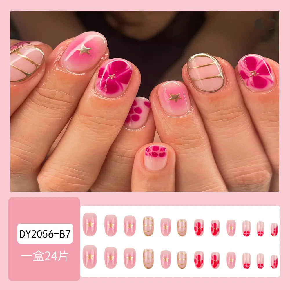 24 Pcs Nail Tips Short Round Flower Decoration for Nails
